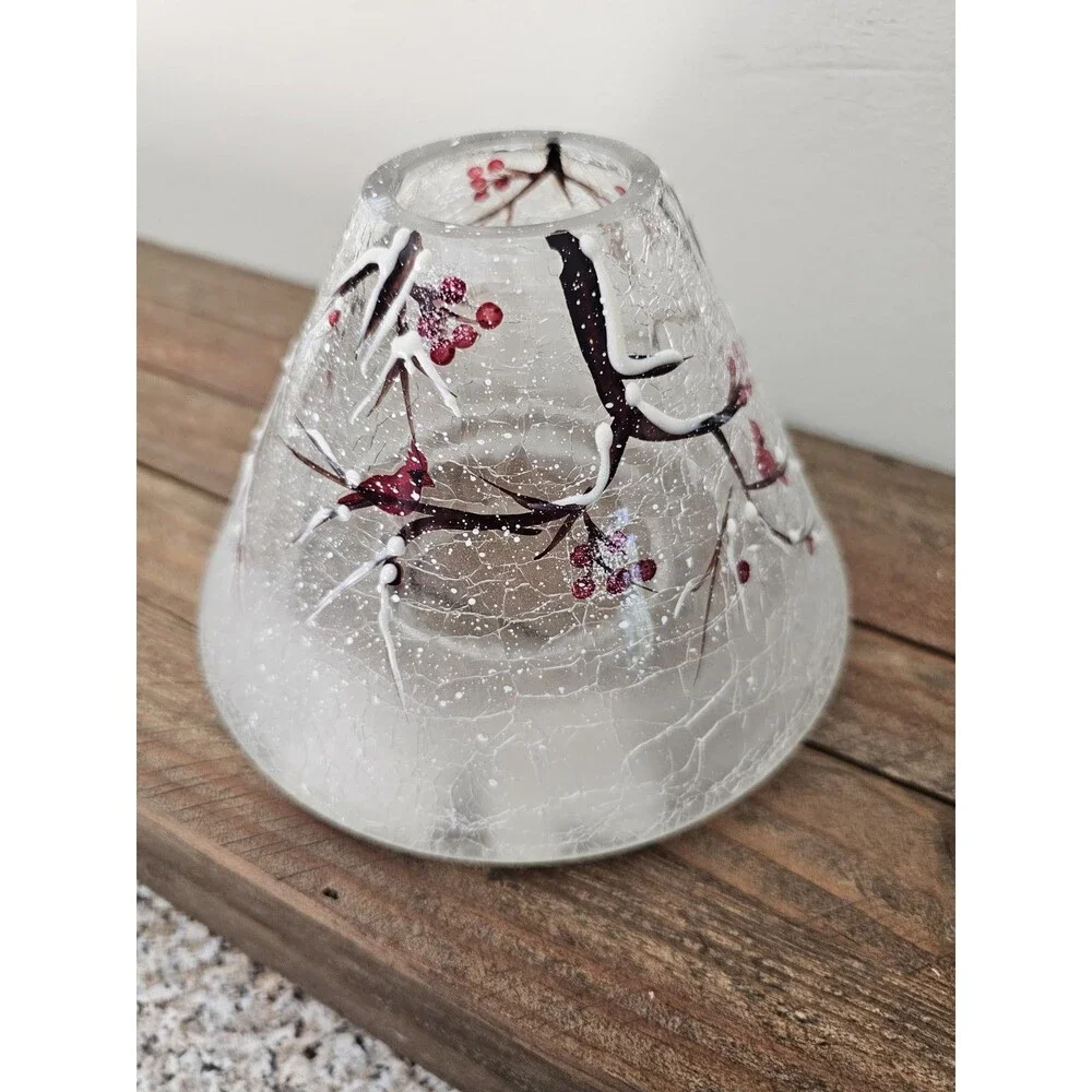 Yankee Candle Winter Branches Candle Shade Crackle Glass Berries Cardinal New